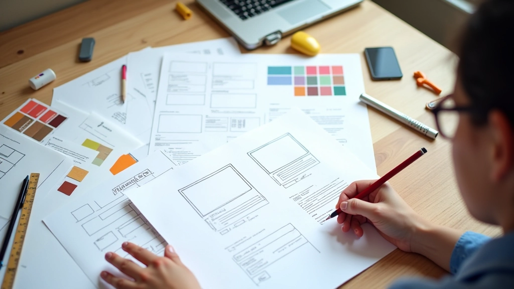 Bureau de designer avec carnets de croquis, règle et crayons sur une surface de travail organisée