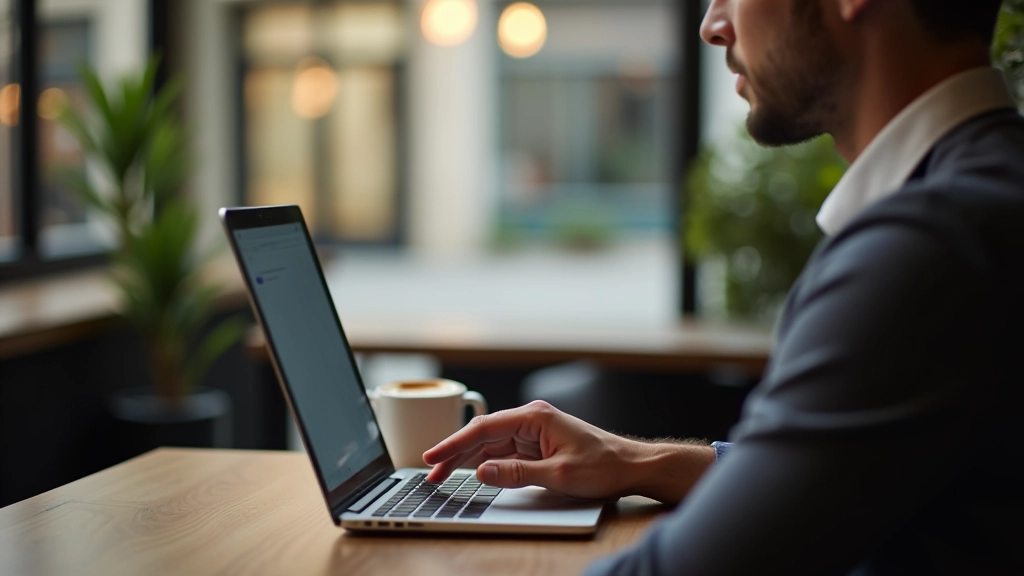 Personne rédigeant un article sur ordinateur portable dans un café, tasse de café à proximité, environnement de travail créatif