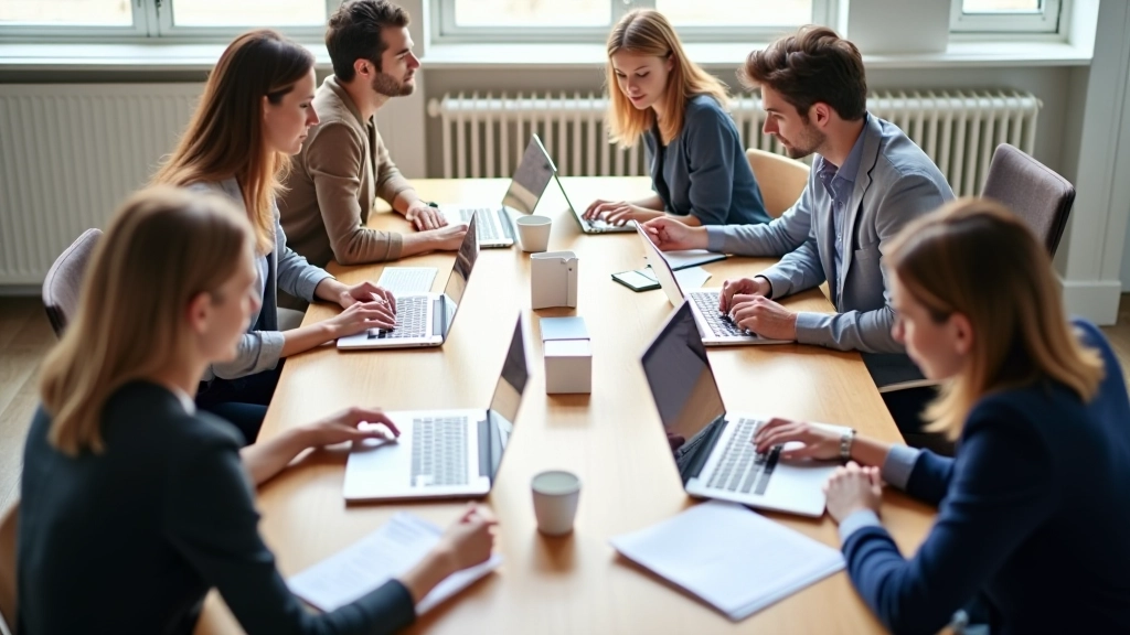 Équipe collaborant autour d'une table de travail avec ordinateurs portables et documents